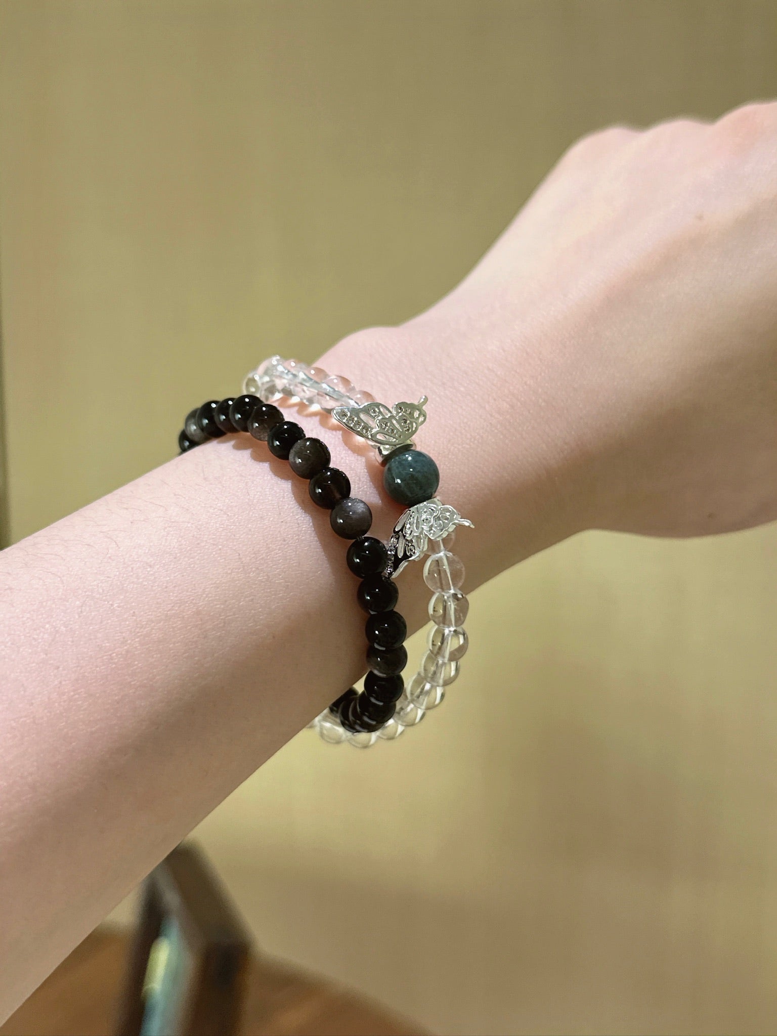▫️▪️ White crystal silver obsidian eagle eye stone bracelet